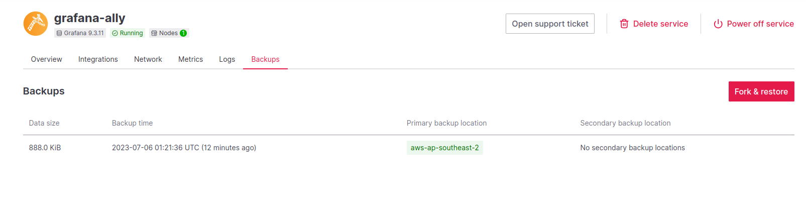 click 'Fork & restore' from backup tab of Grafana service from Aiven console
